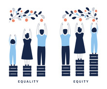 Equality And Equity Concept Illustration. Human Rights, Equal Opportunities And Respective Needs. Modern Design Vector Illustration