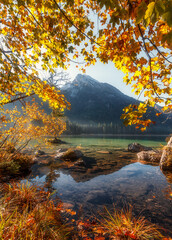Fototapete - Scenic image at the Mountain lake Hintersee in the Bavarian Alps during a vibrant sunny Sunrise. Hintersee lake, Bavaria. Germany. Europe. Beautiful natural image.  Incredible Nature Landscape.