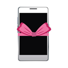 Sticker - smartphone device technology with ribbon gift bow