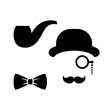 Gentleman set isolated on white. moustache, lorgnette glasses, smoking pipe and bowler hat.