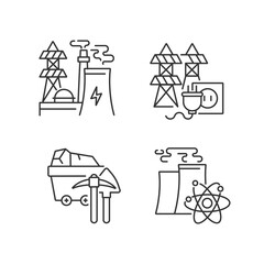 Wall Mural - Energy manufacturing linear icons set. Electric power station, nuclear reactor and coal mining plant customizable thin line contour symbols. Isolated vector outline illustrations. Editable stroke