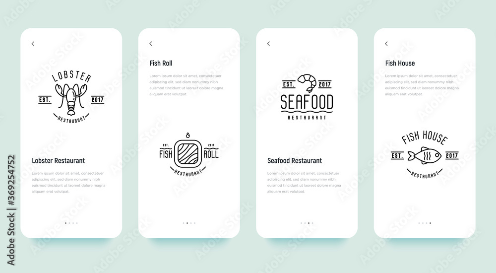 Four different styles for logo of fish or sushi restaurant with such elements as lobster, fish and shrimp. Thin line vector illustration. - obrazy, fototapety, plakaty 