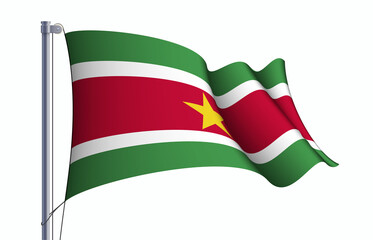 Suriname flag state symbol isolated on background national banner. Greeting card National Independence Day of the Republic of Suriname. Illustration banner with realistic state flag.