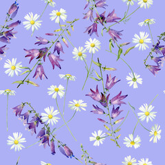 Wall Mural - Seamless watercolor pattern of bell and chamomile flowers