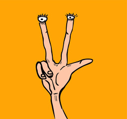 Sticker - Funny cartoon hand with eyes making peace sign 