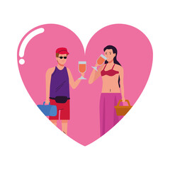 Poster - young couple wearing beach suits drinking cocktails in heart