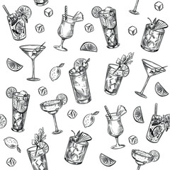 Seamless pattern. Alcohol cocktails. Background. Martini, mojito, pina colada, margarita. Vector outline.