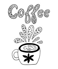 Coffee lettering and cute cup vector illustration. Hand drawing art in doodles style. Black outline quote for logo, coffee day cards, beverage, design and packaging materials.