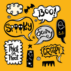 Halloween speech bubbles set with text: spooky, trick or threat, creepy, scary etc. Vector illustration ,isolated