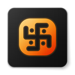 Orange glowing neon Jainism icon isolated on white background. Black square button. Vector Illustration.