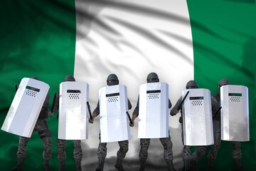 Nigeria police special forces protecting order against disorder - protest stopping concept, military 3D Illustration on flag background