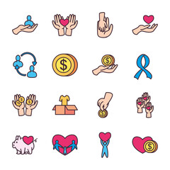 Wall Mural - Charity and donation line and fill style icon set vector design