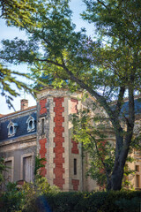 Wall Mural - Vertical picture of old stone chateau, vineyard in french, in Chateauneuf-du-Pape, famous wine province in Provence, France. Travel tourism destination