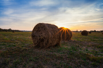 Wall Mural - amazing view with an autumn field full of hay bales and sun beams before sunset