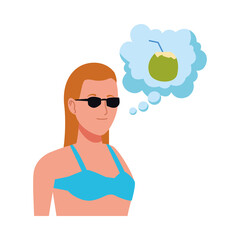 Sticker - young woman wearing swimsuit thinking in coconut cocktail character