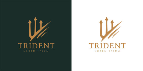 Gold trident logo icon. Premium corporate company brand identity emblem. Abstract forked spear sign. Devils pitchfork symbol. Vector illustration.