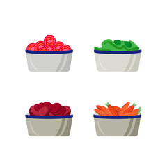 Fototapete - Sliced vegetables in plates flat color vector object set