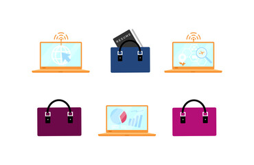 Fototapete - Business accessories and laptops flat color vector objects set