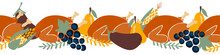 Thanksgiving Dinner Seamless Vector Border. Roasted Turkey Horizontal Repeating Pattern. Thanksgiving Food Design For Greeting Cards, Footer, Header, Invite, Ribbon, Fabric Trim, Christmas