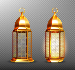 Arabic lamps, gold lanterns with arab ornament, ring, place for candle. Accessories for islamic ramadan holiday. Realistic 3d vector vintage luminous shining lights isolated on transparent background