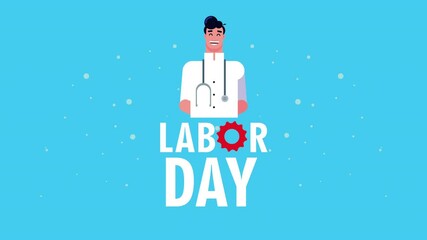 Poster - happy labor day celebration with gear and doctor