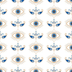 Evil eye vector seamless pattern. Magic, witchcraft, occult symbol, line art collection. Hamsa eye, magical eye, decor element. Blue, white, golden eyes. Fabric, textile, giftware, wallpaper.