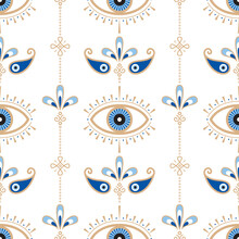 Evil Eye Vector Seamless Pattern. Magic, Witchcraft, Occult Symbol, Line Art Collection. Hamsa Eye, Magical Eye, Decor Element. Blue, White, Golden Eyes. Fabric, Textile, Giftware, Wallpaper.