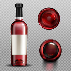 Wall Mural - Red wine in glass bottle front, top and bottom view. Vector realistic mockup of clear glass bottle with blank white label full of cabernet, merlot or bordeaux isolated on transparent background