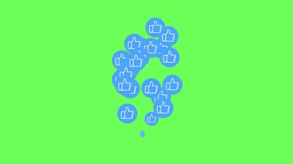 Poster - Like, thumb up, blue icons social media live video isolated on green background. Network marketing. Application advertising. 4K resolution. 