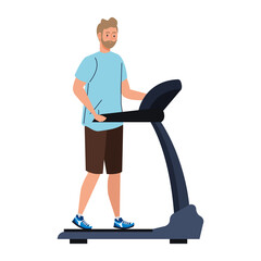 Sticker - man running on treadmill, ectrical training machine on white background vector illustration design