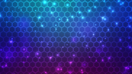Aufkleber - Hexagon grid background. Small hexagonal tiles. Future technology concept. Geometric pattern wallpaper. Blue purple gradient. Banner, cover, flyer, poster or print template. Stock vector illustration