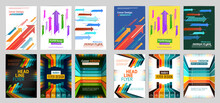 Abstract Cover Set With Arrows Background. Vertical And Horizontal Colorful Arrows. Modern Minimalism Business Brochure Flyer Template. Flat Design Geometric Patterns. Vector Illustration Eps 10.