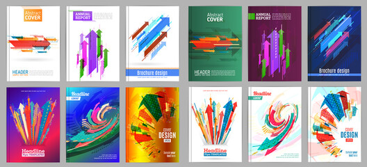 Fototapete - Abstract Cover set with arrows background. Vertical and horizontal colorful arrows. Modern minimalism business brochure flyer template. Flat design geometric patterns. Vector illustration eps 10.