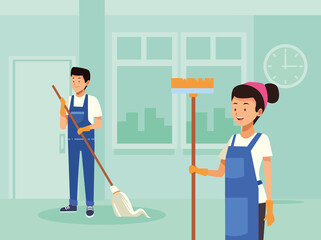 Sticker - housekeeping couple workers with tools characters