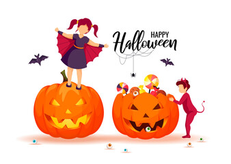 Wall Mural - Halloween card design with children dressed in costumes of imp and bat, scary pumpkins with candies, 
web and spider. Vector illustration for poster, banner, cover, postcard, card.