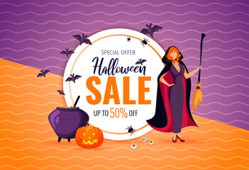 Wall Mural - Halloween promo sale banner. Witch with broom, cauldron, scary pumpkin and bats. Vector illustration for poster, banner, discount, special offer, commercial.