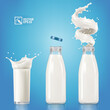 3d realistic vector transparent bottle and glass with splashes of milk or yogurt