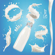 3D realistic isolated vector set, different bursts of milk, yoghurt or cream, transparent bottle with a splash, flowing stream, vortex