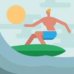 Poster - young man wearing swimsuit surfing character