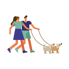 Sticker - young couple walking with dog sport characters