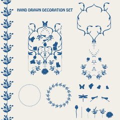 Set of classic blue color fairy tail elements on light background. Magic garden concept. Collection of flowers, butterflies, dragonflies, tree brunches, plants, borders and frames for your projects.