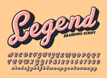 Vector Bold Script Alphabet. Legend Font Is A Cursive Branding Calligraphy Lettering Style With A Retro Vibe. Warm Colored Thick Typography With Highlights And Cast Shadows.