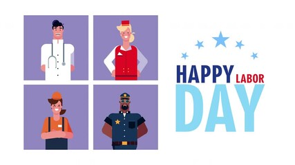 Poster - happy labor day celebration with lettering and workers