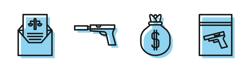 Wall Mural - Set line Money bag, Subpoena, Pistol or gun with silencer and Evidence bag and pistol or gun icon. Vector.