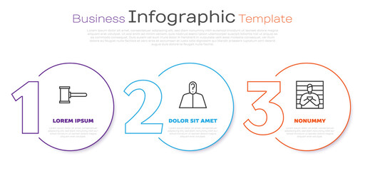 Sticker - Set line Judge gavel, Anonymous with question mark and Suspect criminal. Business infographic template. Vector.