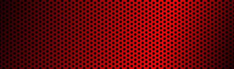 Wall Mural - Abstract dark red geometric hexagonal mesh material header. Perforated metallic technology banner. Vector abstract widescreen background