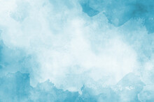 Blue Watercolor Background Texture, Abstract Painted White Clouds With Pastel Blue Border Grunge