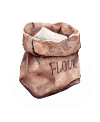 hand-drawn watercolor illustration. white flour in a paper bag. isolated on a white background.