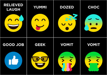 Emoticons set icons with differents reactions Vector, color icon set on black background