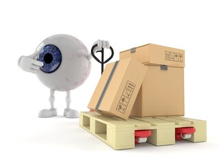 Sticker - Eye ball character with hand pallet truck with cardboard boxes